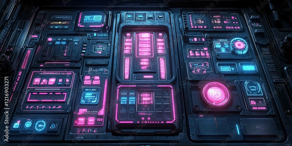 Poster futuristic control panel displaying glowing interfaces and neon lights in a sci-fi environment