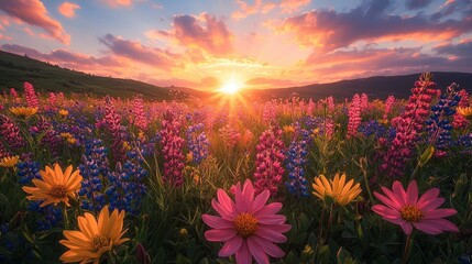 Fototapeta premium A sunrise illuminating a field of wildflowers, vibrant colors, natural beauty, wildflower sunrise