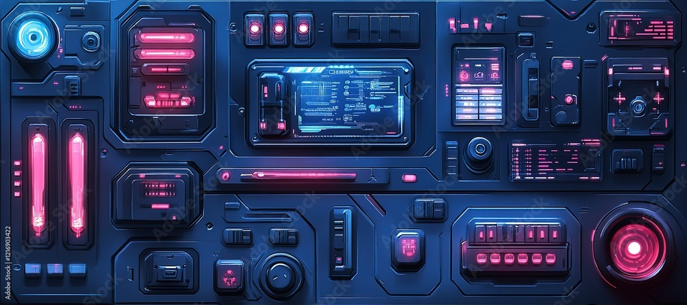 Poster futuristic control panel with vibrant lights and complex interfaces showcasing advanced technology i