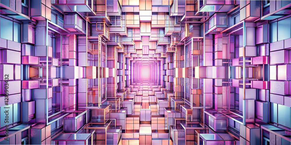 Poster mirrored abstraction showcasing layered designs in vibrant hues and intricate geometric patterns for