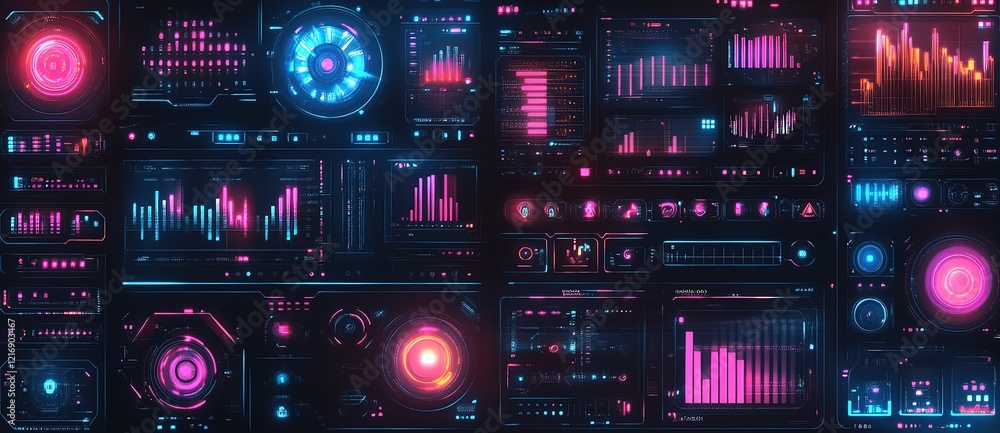 Poster colorful digital dashboard displaying data analytics and graphical statistics in a futuristic design