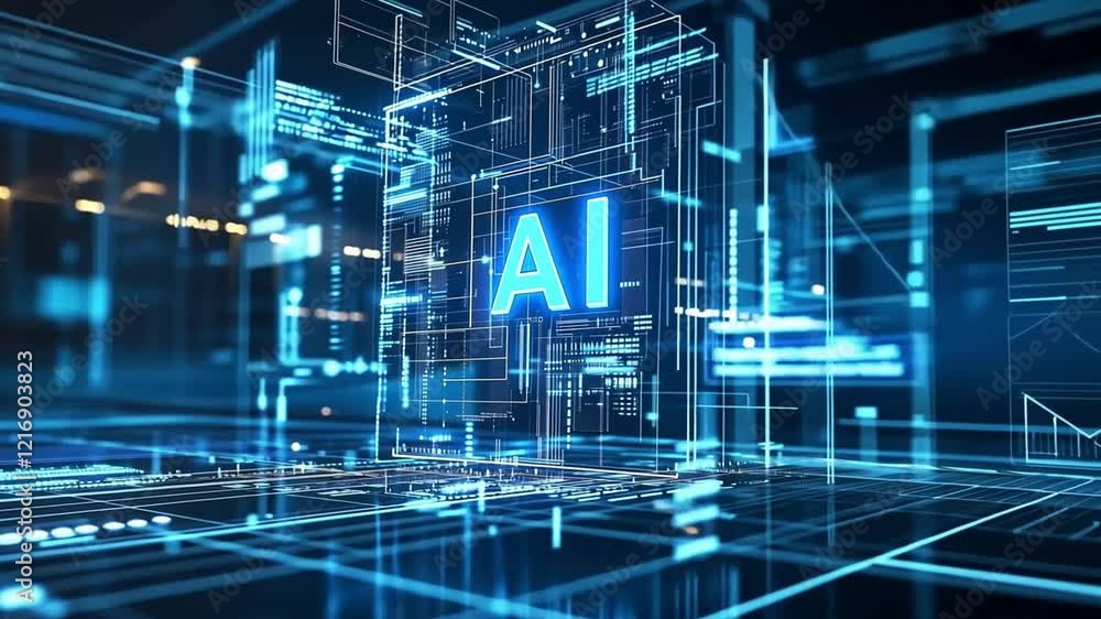 Poster digital background featuring blue glowing ai letters with a holographic tech grid, in the style of c