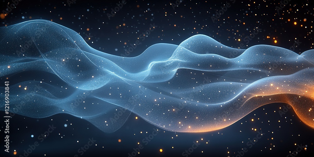 Poster ethereal waves of light and color flowing through a dark cosmic space with shimmering particles