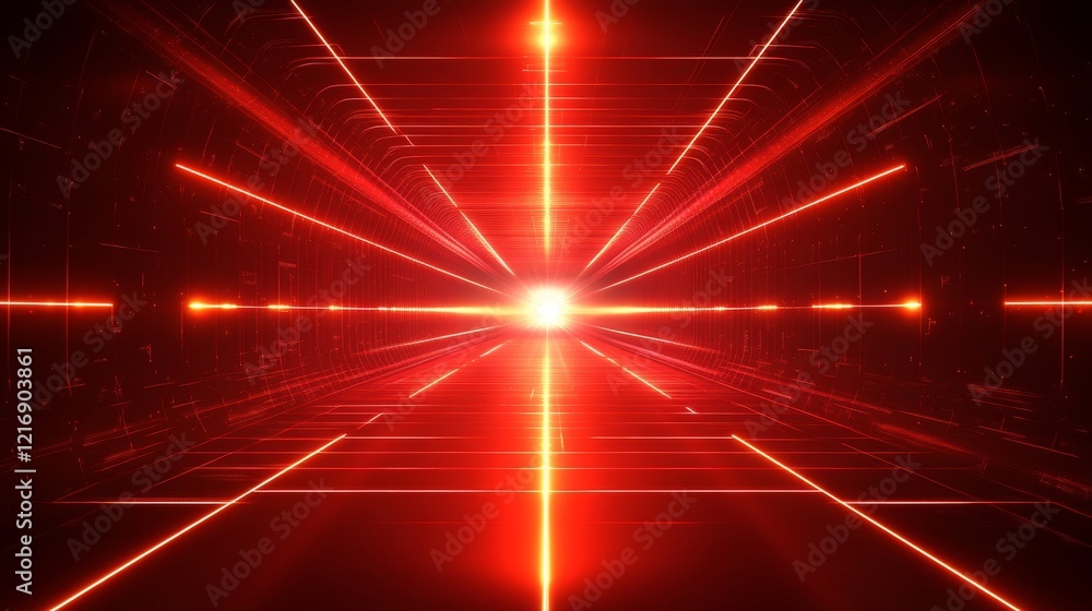 Poster red virtual abstract space tunnel with neon line lights, spectrum of vibrant colors creating a laser