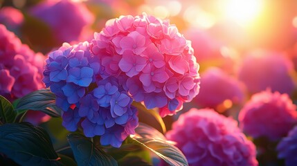 Vibrant pink and purple hydrangeas illuminated by warm sunset light.