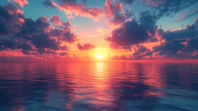 A vibrant sunrise over a calm ocean, with soft pastel colors reflecting on the water, peaceful ocean sunrise