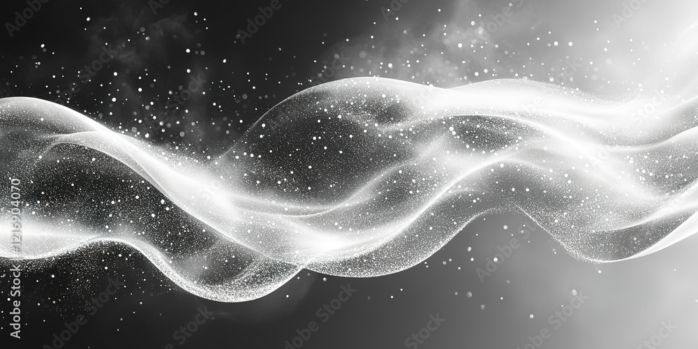 Poster waves of light and particles create a mesmerizing visual display in monochrome tones and soft textur