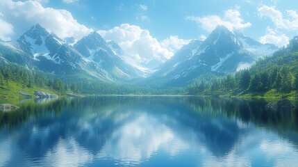 Fototapeta premium A view of a mountain lake reflecting the surrounding peaks, calm water, serene atmosphere, mountain lake scene