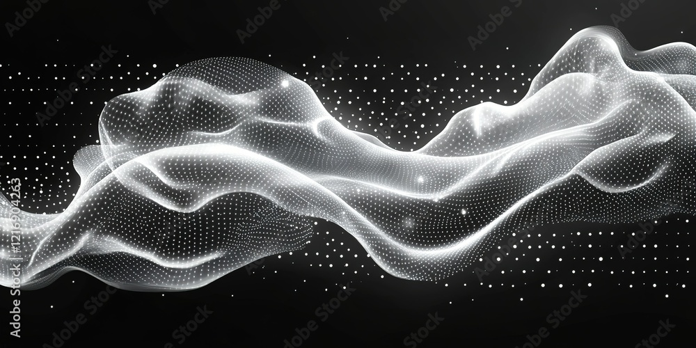 Poster abstract digital wave pattern created with light and particles in a dark background