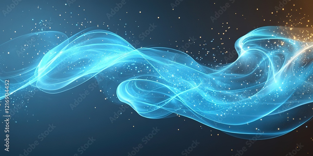 Poster visual representation of flowing blue energy with sparkling elements on a dark background