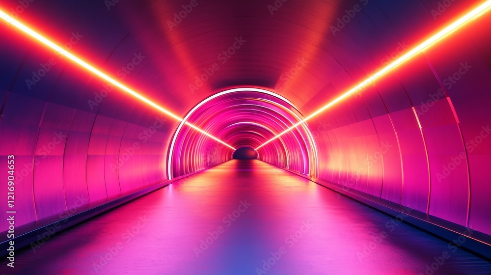 Poster red virtual abstract space tunnel with neon line lights, spectrum of vibrant colors creating a laser