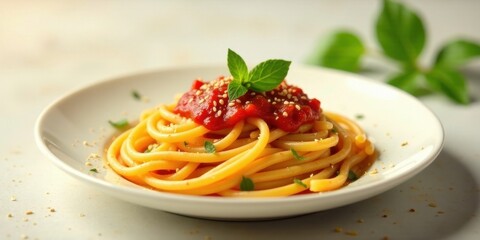 Aromatic pasta dish with vibrant tomato sauce and sesame seeds, garnished with fresh herbs on a pristine white plate