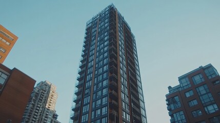 Modern Urban High-Rise Building Against Clear Blue Sky