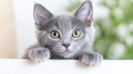 Cute gray kitten peeking over a white surface in a bright room