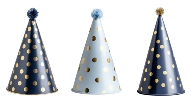  birthday party hat with gold polka dots blue pompoms isolated on transparent background, cut out