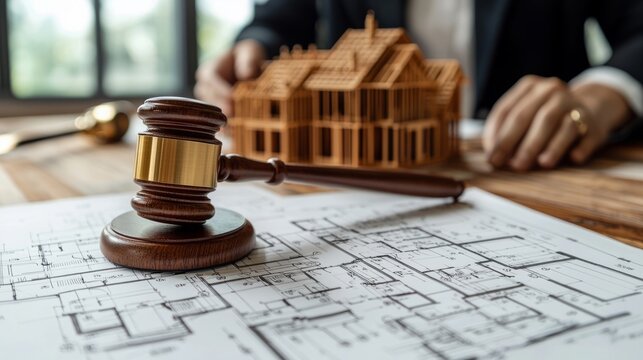 Construction law background, judge gavel, blueprint plans, helmet, building model, paper sheet, pen, home insurance context