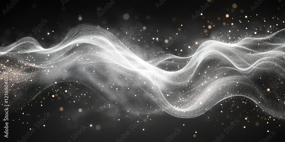 Poster soft waves of light and particles create a mesmerizing abstract design in a dark backdrop during a t