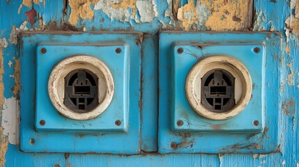 Vintage Electric Sockets on Weathered Blue Wooden Background