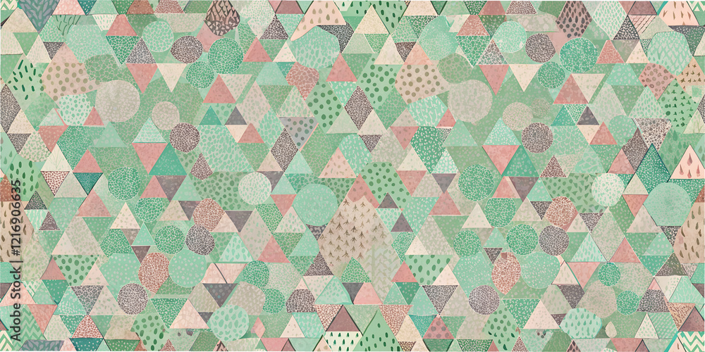 Poster abstract patterns featuring triangles and circles in soft green and pink tones on textured paper