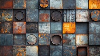 Abstract metal texture background with circular and square panels