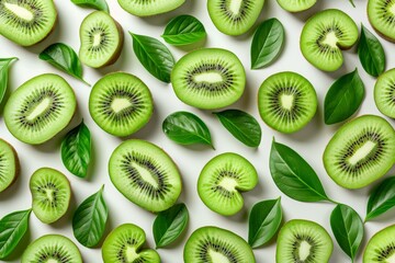 Fototapeta premium Juicy kiwi halves surrounded by fresh green leaves on a clean white background for vibrant imagery