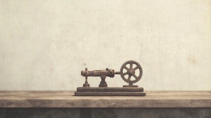 Vintage mechanical model on a wooden table against a textured wall, showcasing intricate details