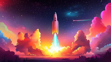 Obraz premium Futuristic Rocket Launching into Colorful Starry Night Sky
