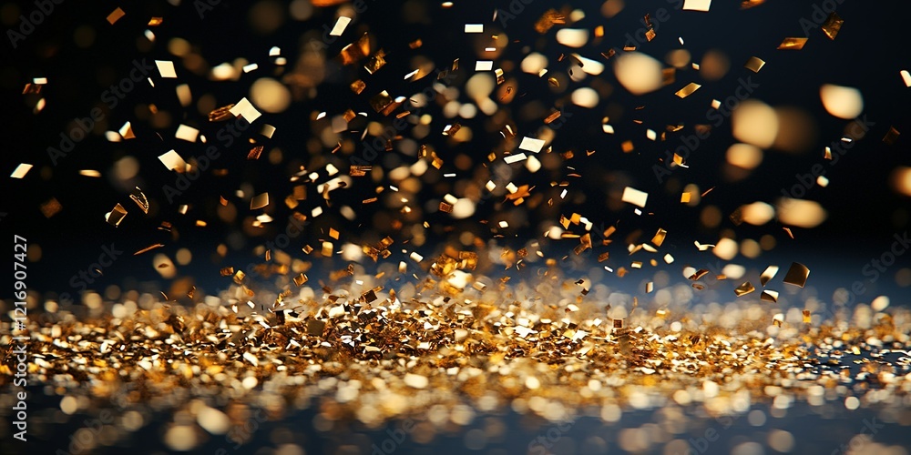 Poster golden glitter particles swirl and scatter in a dynamic display on a dark surface