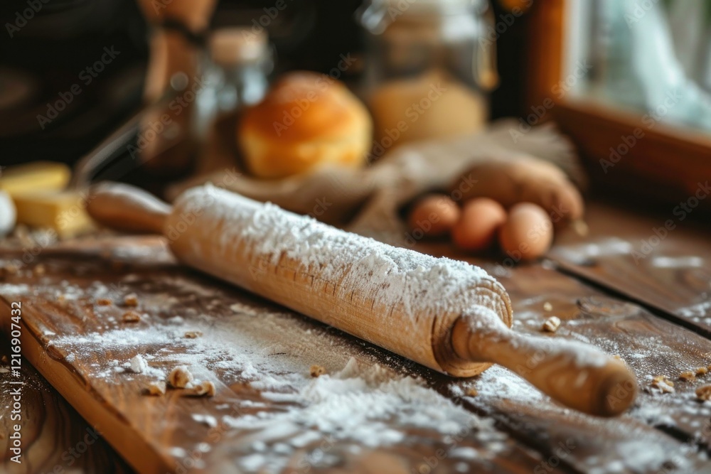 Poster wooden rolling pin covered in flour is resting on a rustic tabletop with ingredients for baking in t