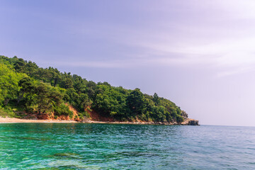 Naklejka premium scenic summer landscape of beautiful sea shore with water vawes in bay, green forest on isle rock and nice cloudy sky on background