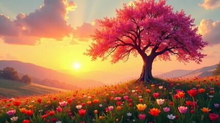 Serene Sunset Panorama A majestic blossoming tree stands proudly amidst a vibrant meadow of wildflowers, bathed in the warm golden glow of a breathtaking sunset over rolling hills.