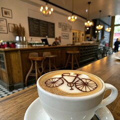 A bicycle latte art in a white cup, with a detailed bike design, set in a vintage-themed coffee shop.