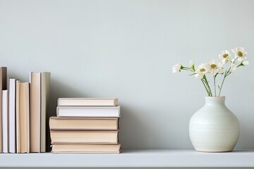 A minimalist bookshelf with neatly stacked books and a pastel ceramic vase. picture