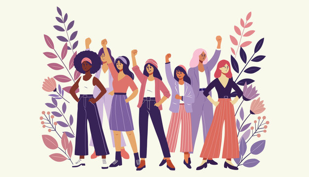 International Women's Day celebration illustration Diverse group of confident women standing in unity with raised fists symbolizing empowerment and equality promoting accelerate actionin vibrant flat - Powered by Adobe