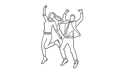 Happy work team continuous line art drawing isolated on white background. Jumping office two friends line art. Vector illustration	