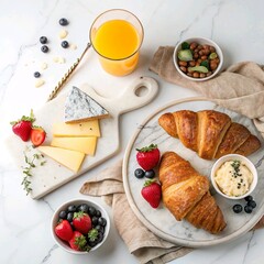 An elegant flat lay of a continental breakfast: croissants, assorted cheeses, fresh fruit, and a glass of orange juice, styled on a white marble surface.