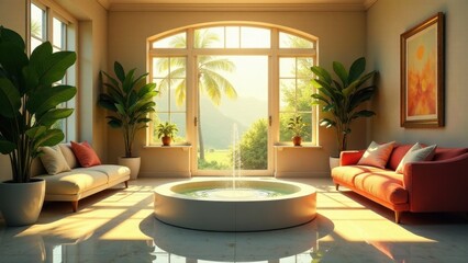 Obraz premium Serene Indoor Oasis with Tranquil Fountain and Lush Greenery Bathed in Golden Sunlight