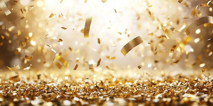 Golden confetti falling from above during a celebration, creating a festive atmosphere and enhancing the joyous mood