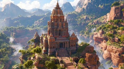 Ancient Temple Surrounded by Lush Green Mountains and Blue Sky