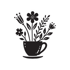 Simple silhouette flowers vase and branch, Vector illustration botanical vase on a white background.