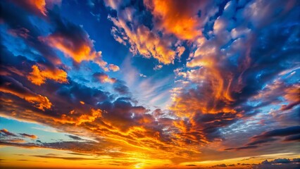Fototapeta premium Dramatic Cloudy Sunset Panorama: Orange and Blue Sky Background Image