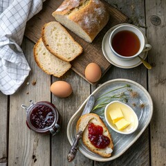A rustic flat lay of a farmhouse breakfast: freshly baked bread, butter, jam, boiled eggs, and a cup of tea, styled on a weathered wooden table.