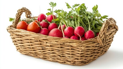 Fresh Garden Produce in a Woven Basket with Radishes and Tomatoes