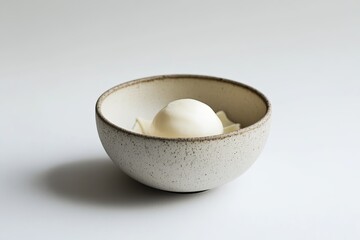 A minimalist ceramic bowl of ricotta-filled ravioli styled with sage butter. picture