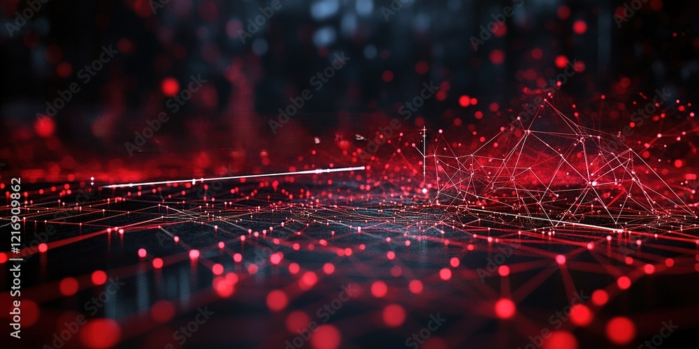 Poster abstract digital landscape featuring glowing red dots and interconnected lines representing technolo