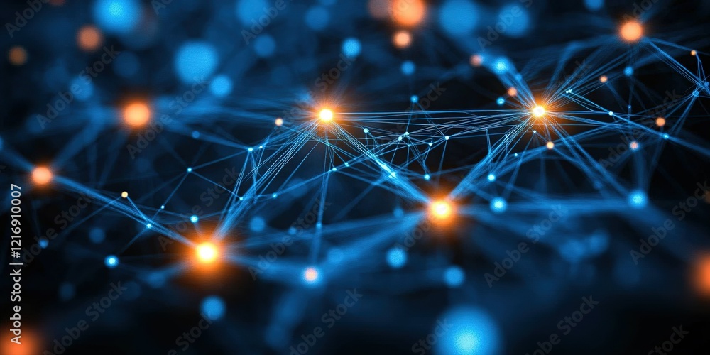 Poster digital network connections illuminated by glowing nodes in a dark environment showcasing technology