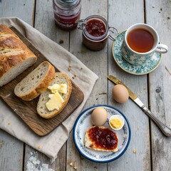 A rustic flat lay of a farmhouse breakfast: freshly baked bread, butter, jam, boiled eggs, and a cup of tea, styled on a weathered wooden table.
