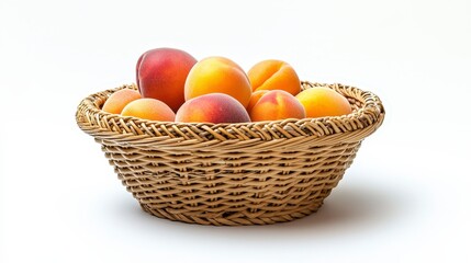 Fresh Ripe Peaches in a Woven Basket Against White Background