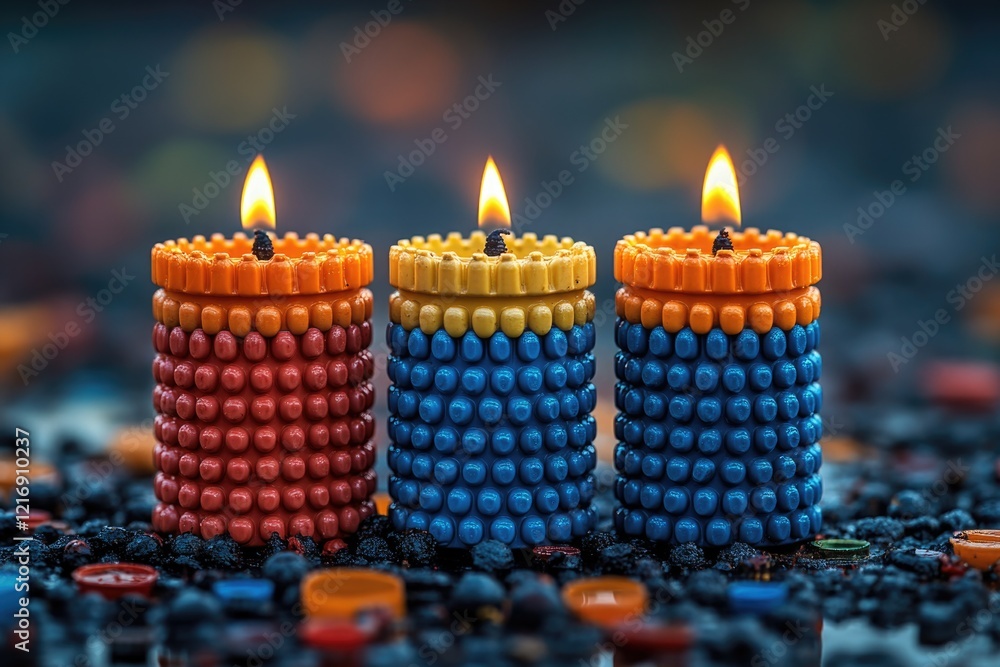 Poster three brightly colored candles lit on a table with no additional context