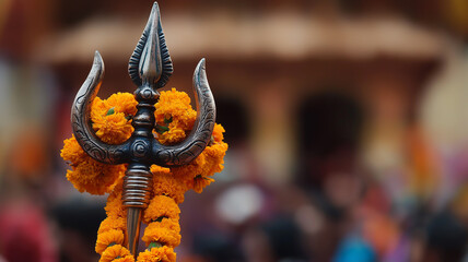 Photograph of a trident (trishul) decorated with marigold garlands and Rudraksha beads, placed in front of a temple with a blurred crowd of devotees in the background